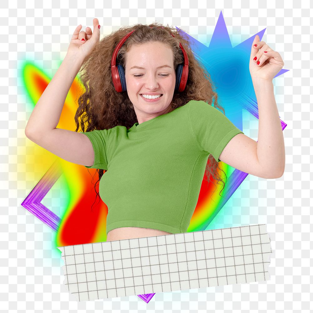 Woman dancing png element, colorful gradient shape tape, transparent background