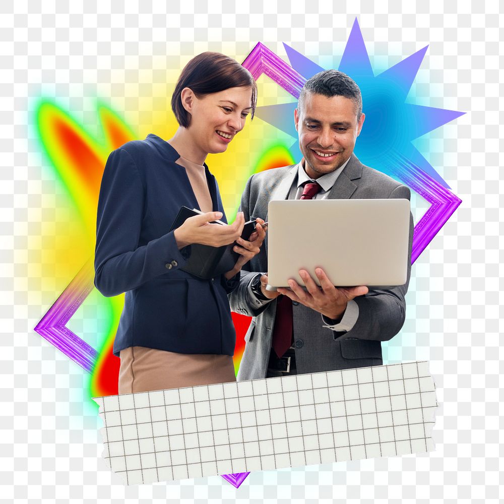 Happy businesspeople png element, colorful gradient shape tape, transparent background