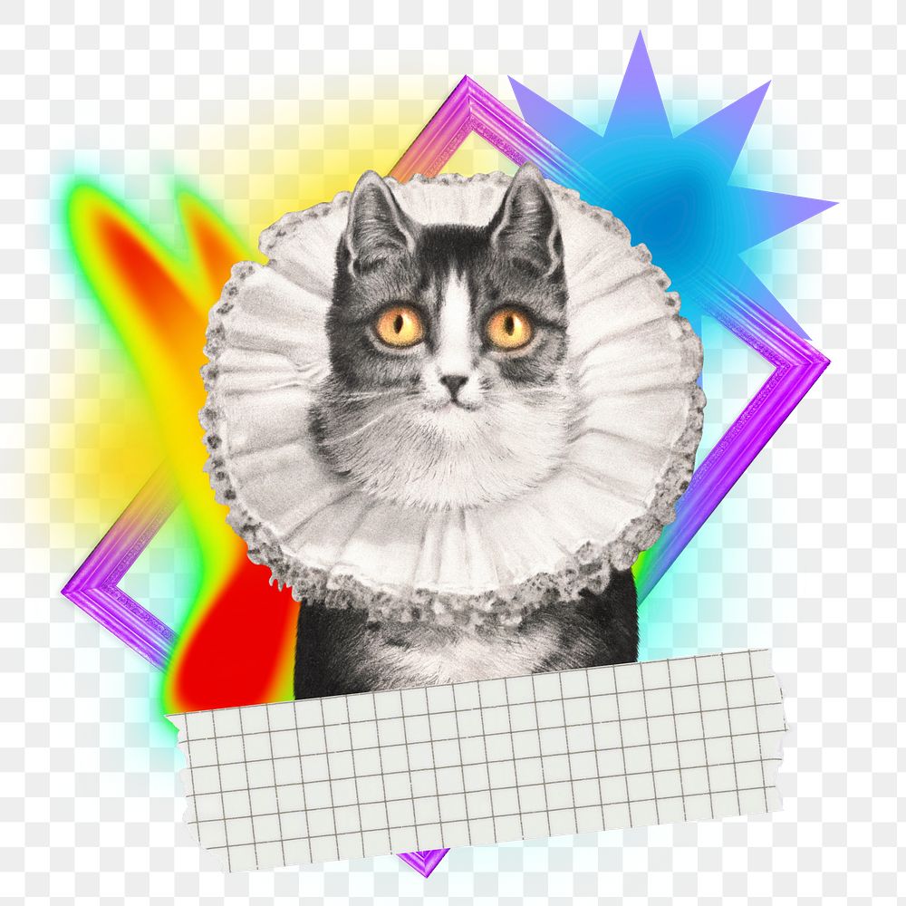 Cute cat png element, colorful gradient shape tape, transparent background