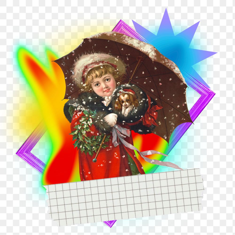 Christmas girl png element, colorful gradient shape tape, transparent background