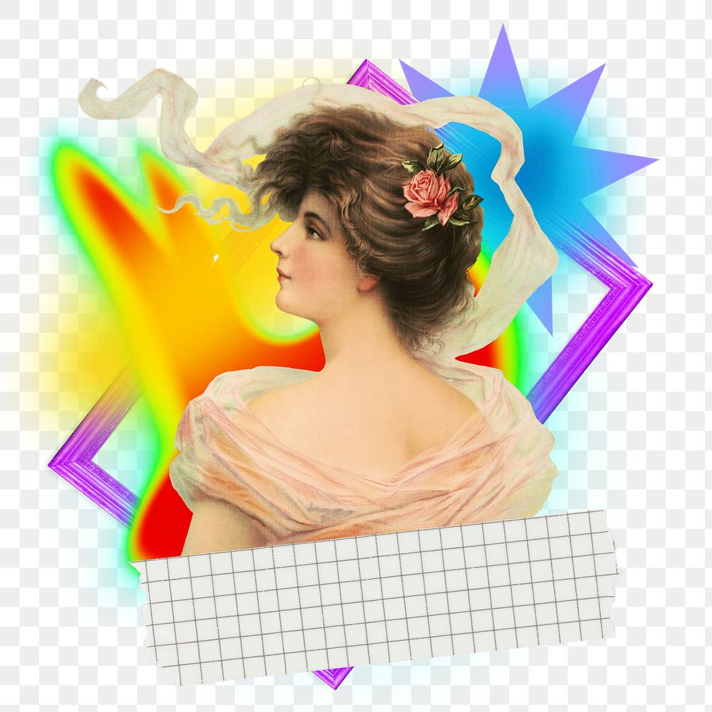 Beautiful lady png element, colorful gradient shape tape, transparent background