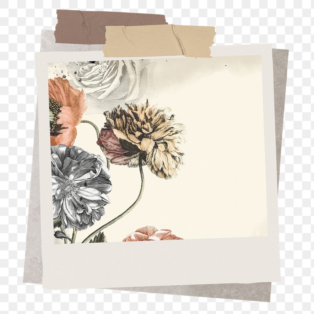 PNG Vintage flower instant film frame, transparent background.  Remixed by rawpixel.