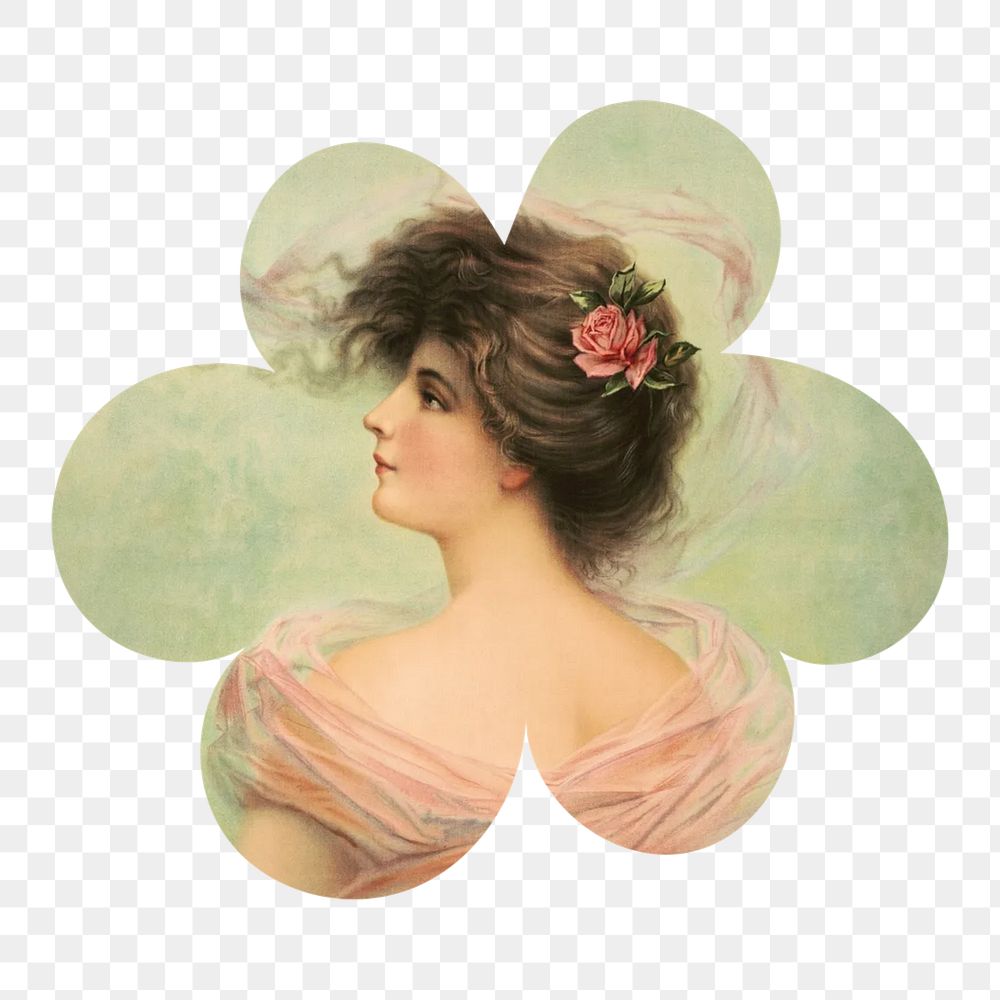 PNG Rosebud vintage woman illustration, flower badge shape, transparent background.  Remixed by rawpixel.