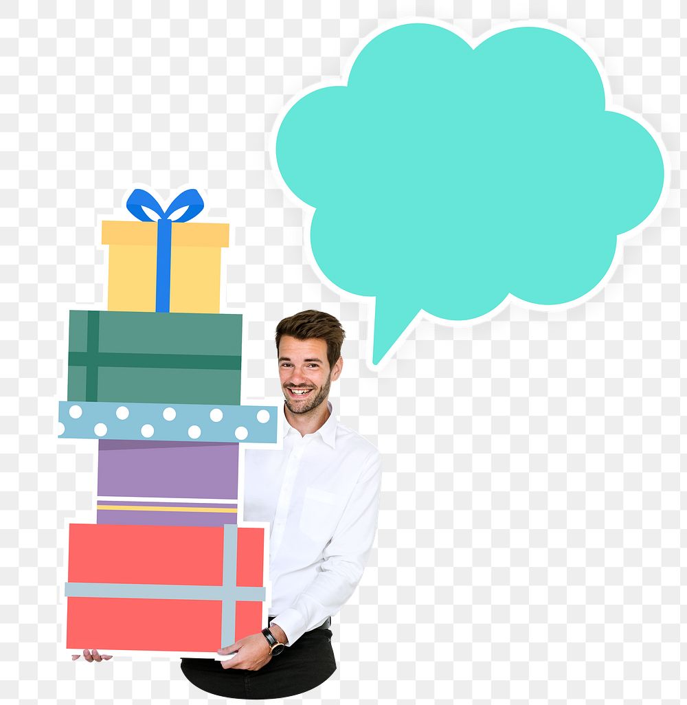 Man carrying presents png element, transparent background