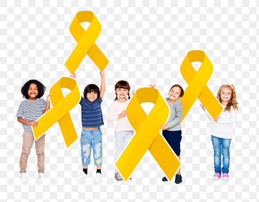 Kids png holding gold ribbons, childhood cancer awareness, transparent background