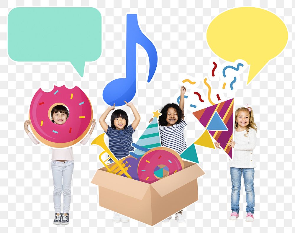 Png diverse kids with party items, transparent background