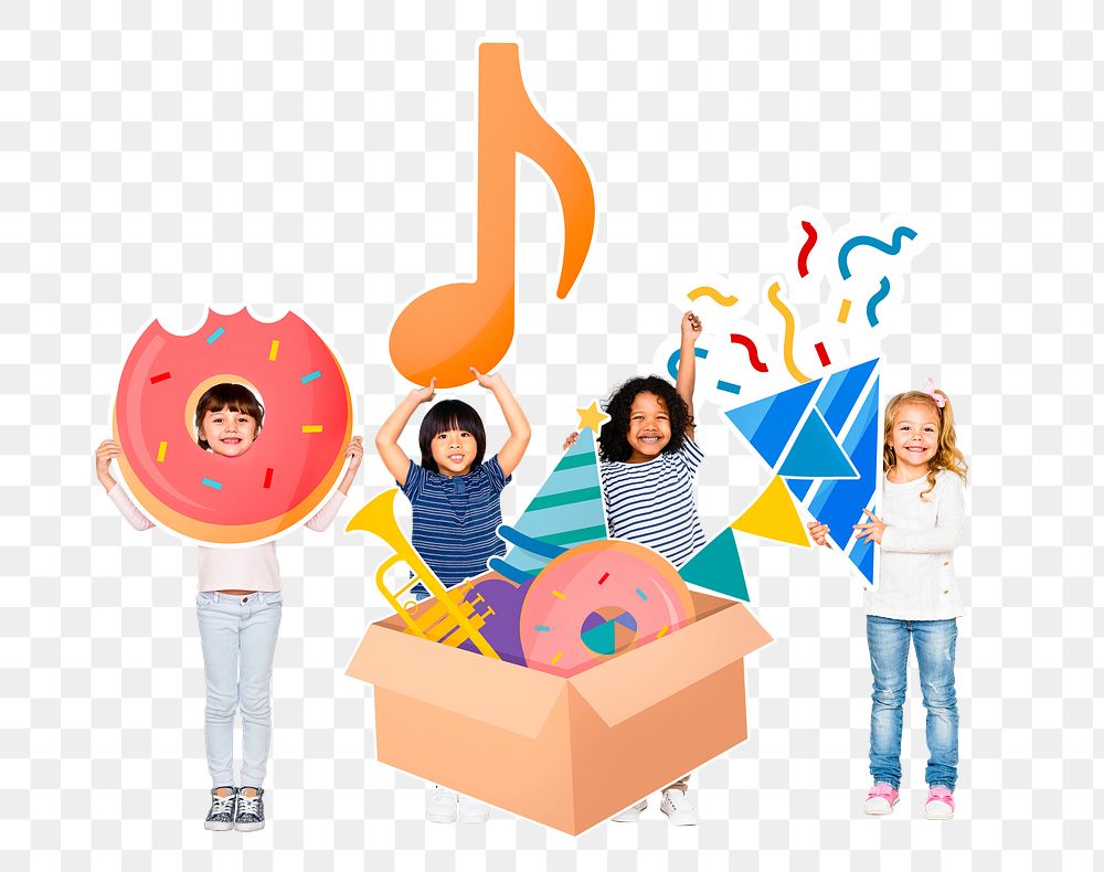 Png diverse kids with party items, transparent background