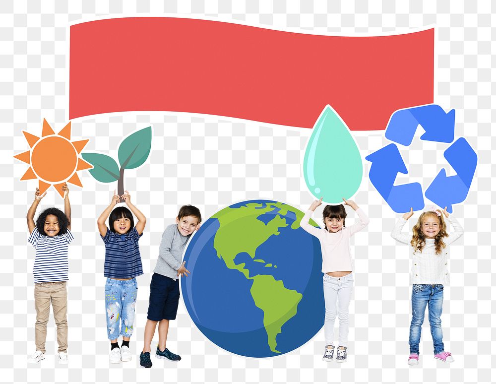 Diverse kids png with environment icons, transparent background