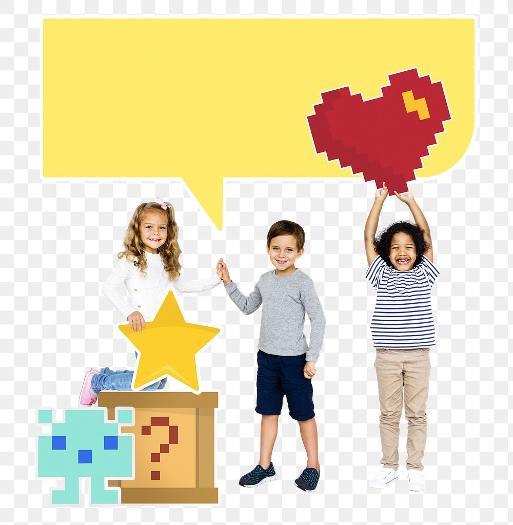 Png happy diverse kids with pixelate gaming icons, transparent background