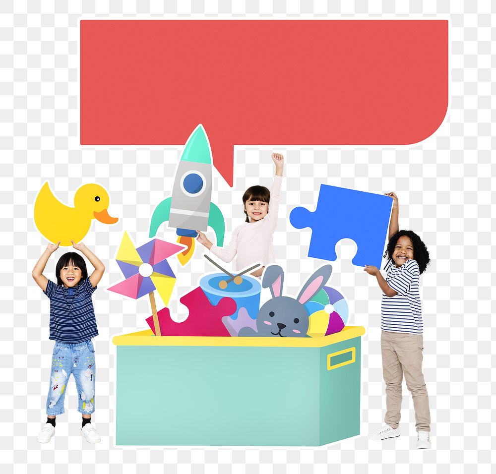 Png diverse kids playing with toy icons, transparent background