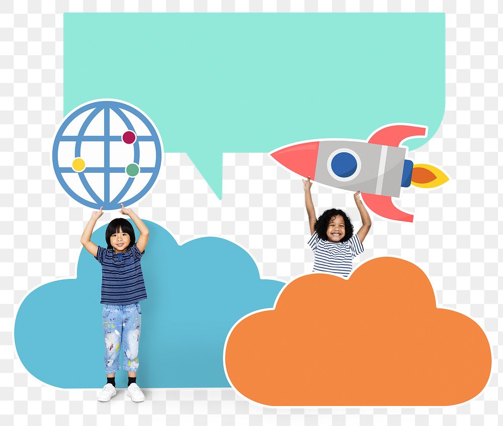 Png cheerful kids holding technology icons, transparent background