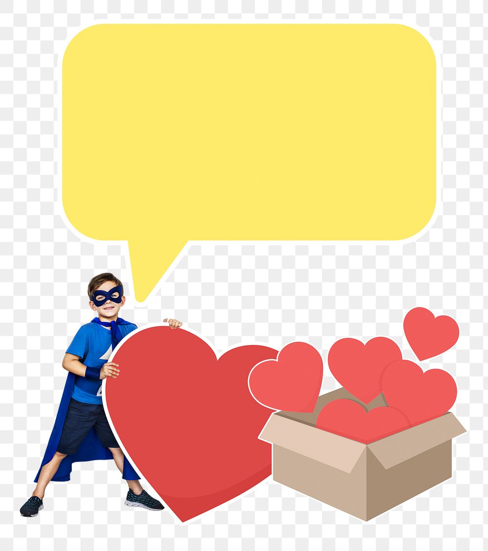 Young superhero png with heart icons, transparent background
