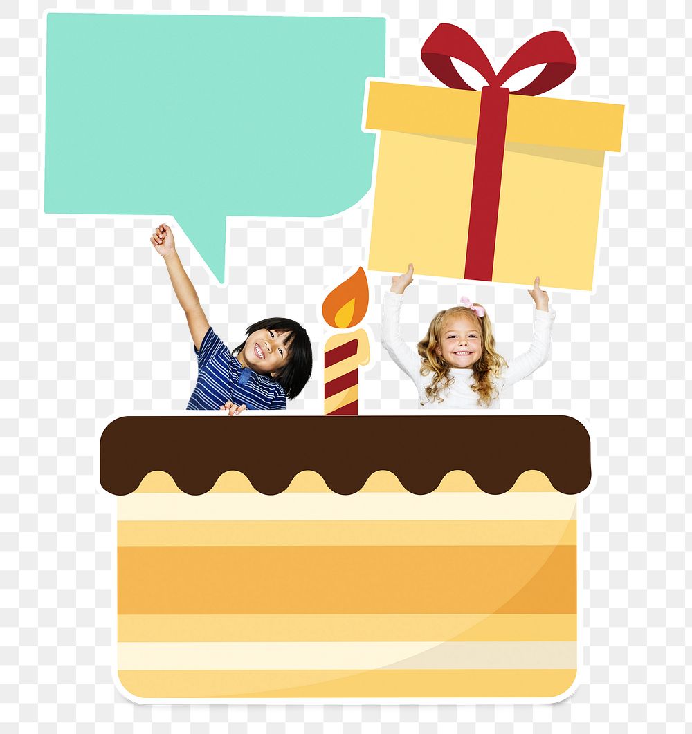 Birthday cake png with kids, transparent background