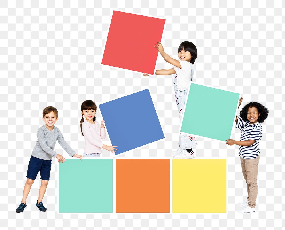 Png happy children building blocks, transparent background