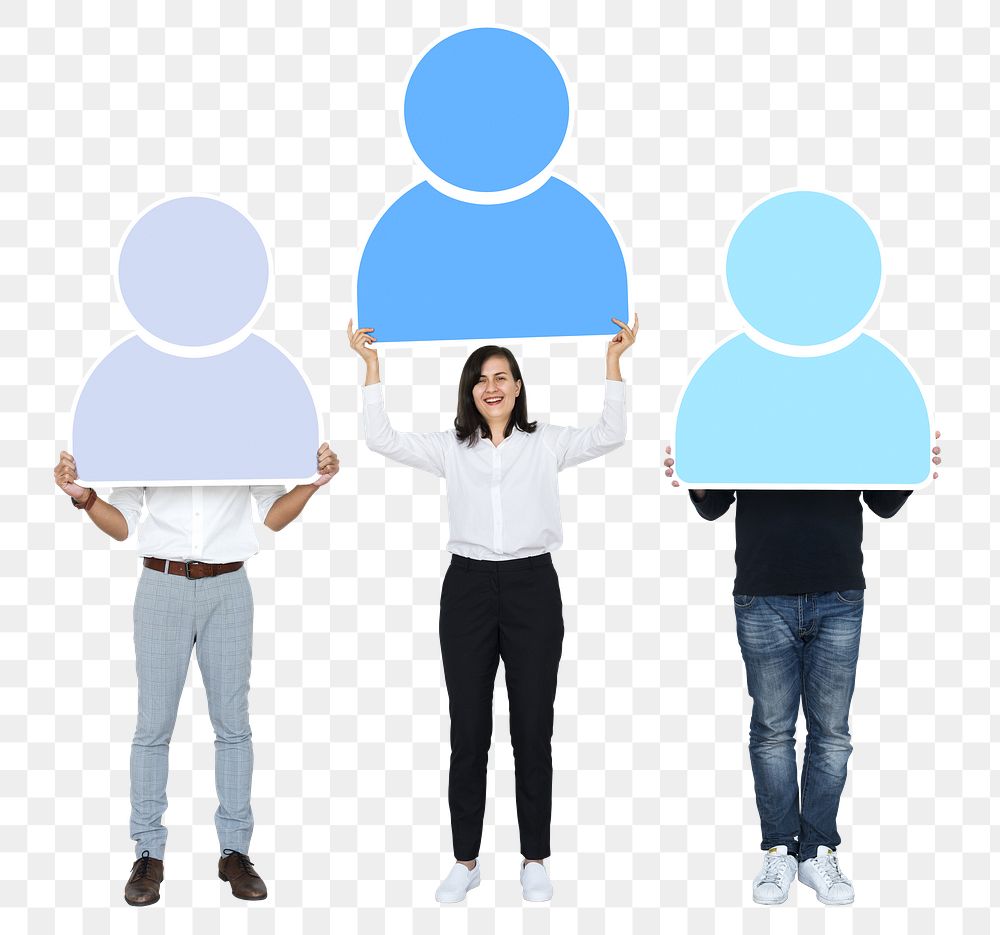 Png people holding up career profiles, transparent background