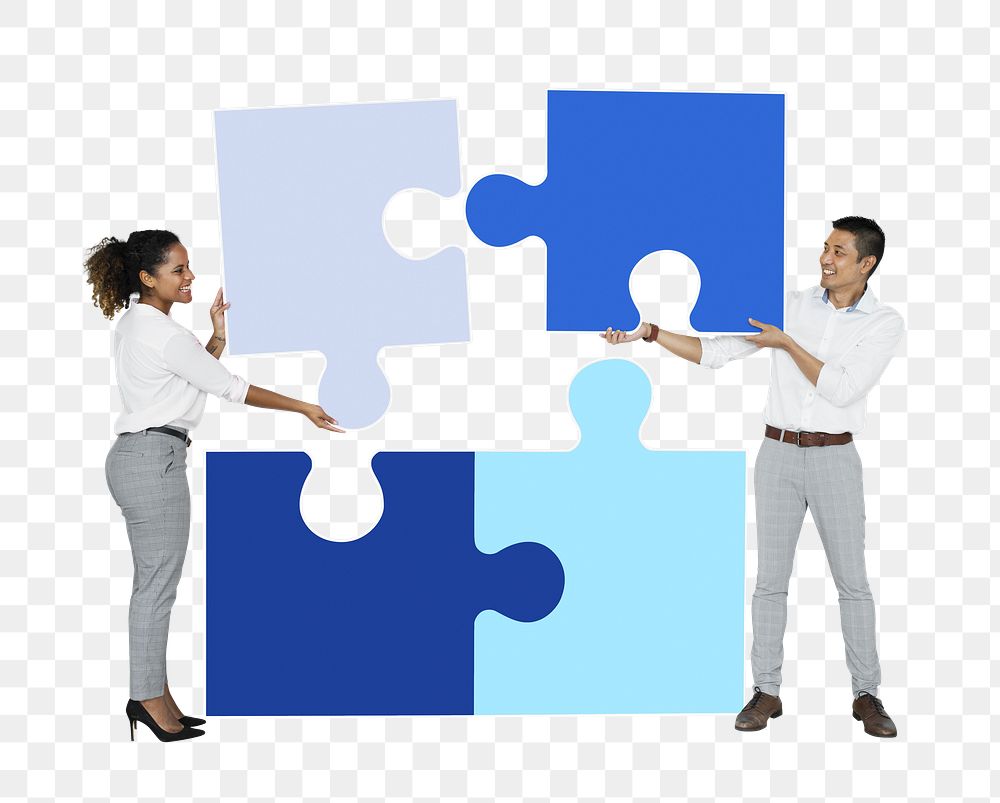 Png colleagues connecting puzzle pieces, transparent background