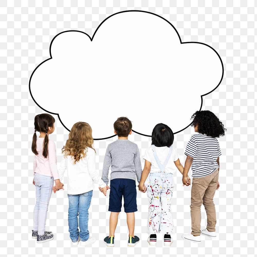 Png children holding hands with cloud shape, transparent background