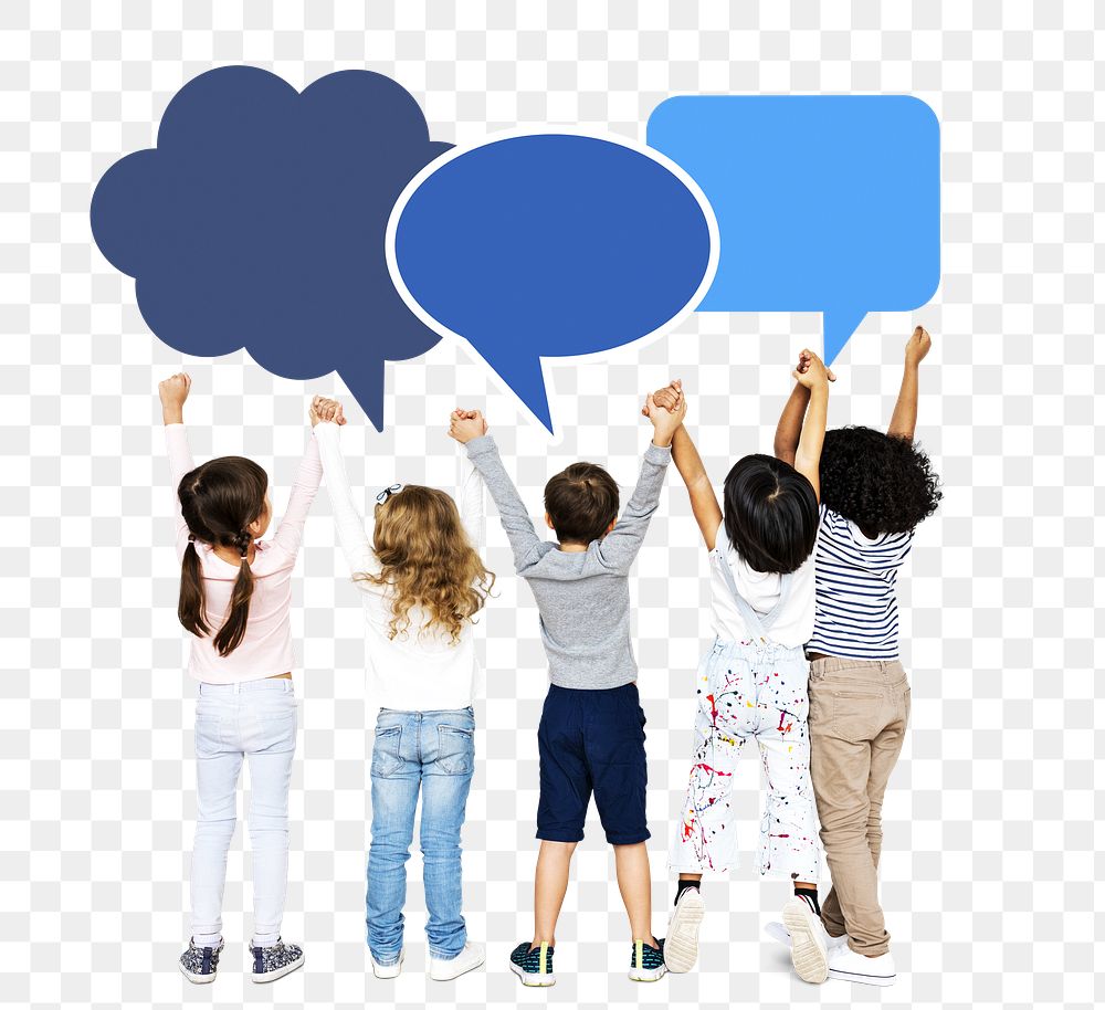 Png kids holding hands looking at speech bubbles, transparent background