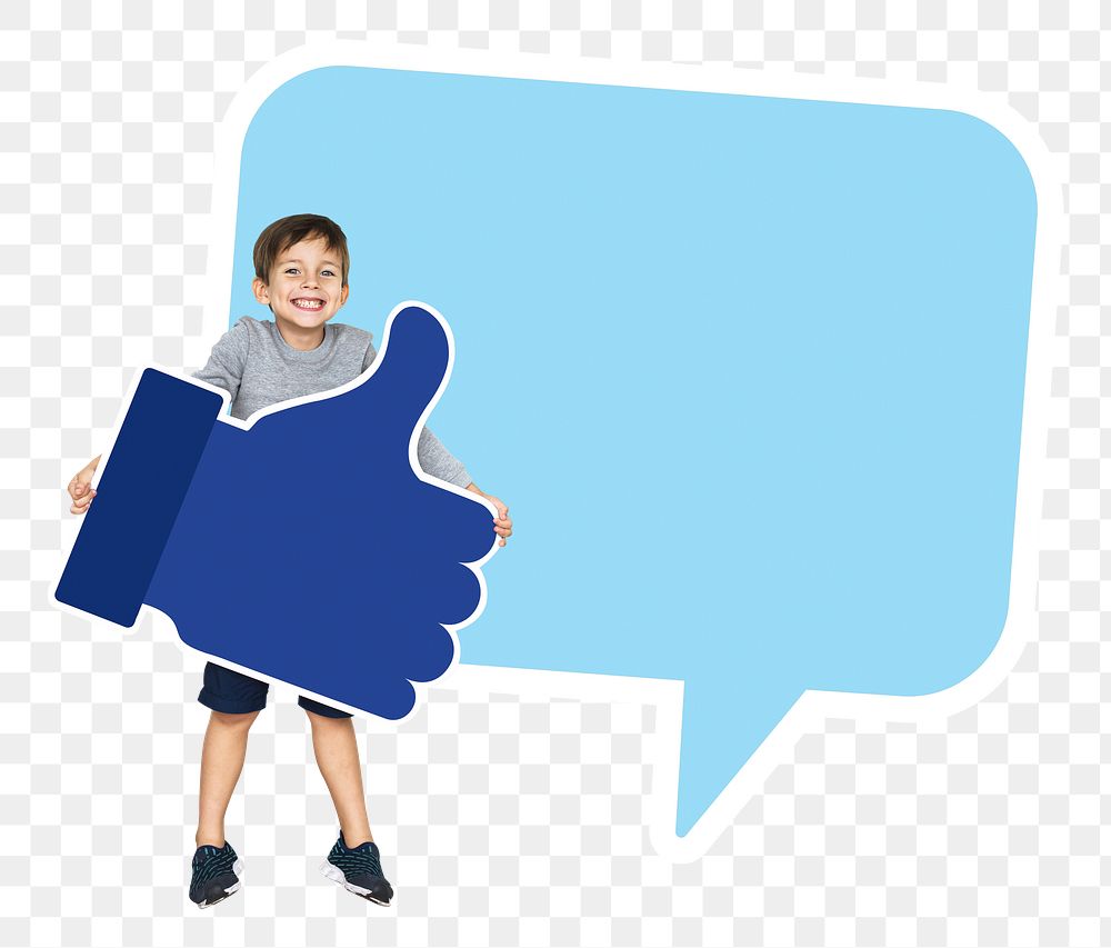 Png boy with speech bubble & thumbs up icon, transparent background
