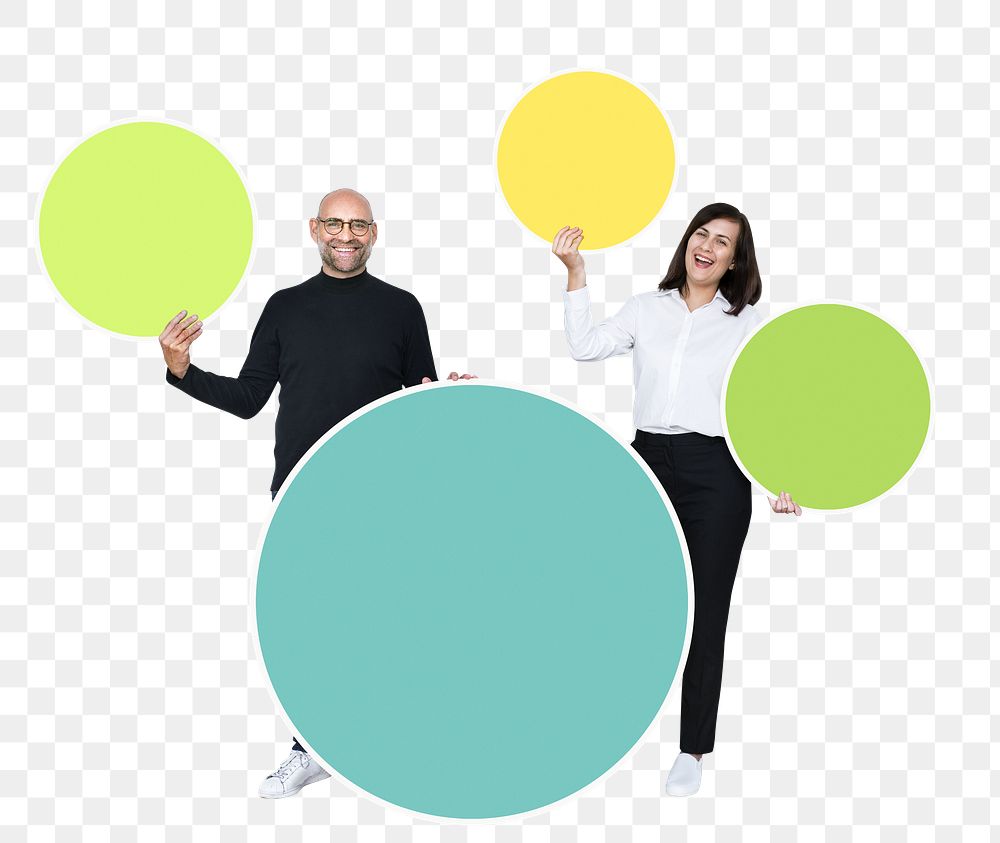 Cheerful people png holding empty round boards, transparent background