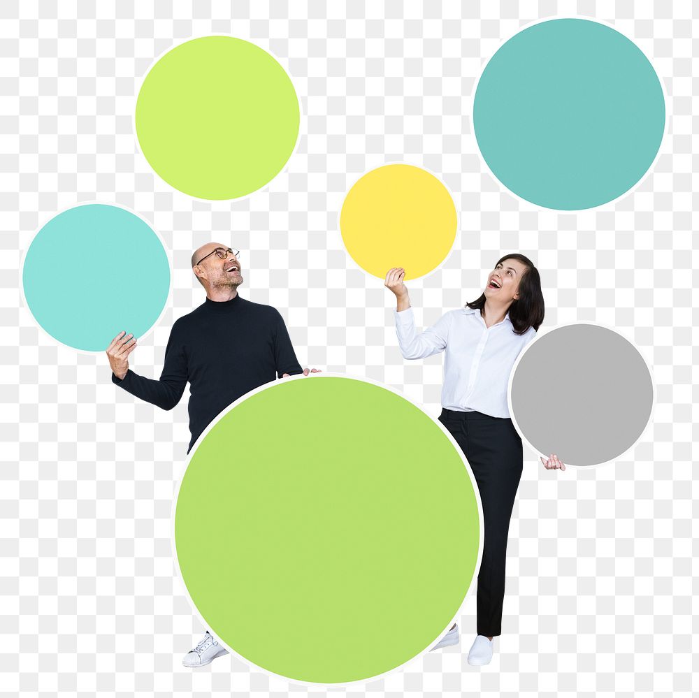 Cheerful people png holding empty round boards, transparent background