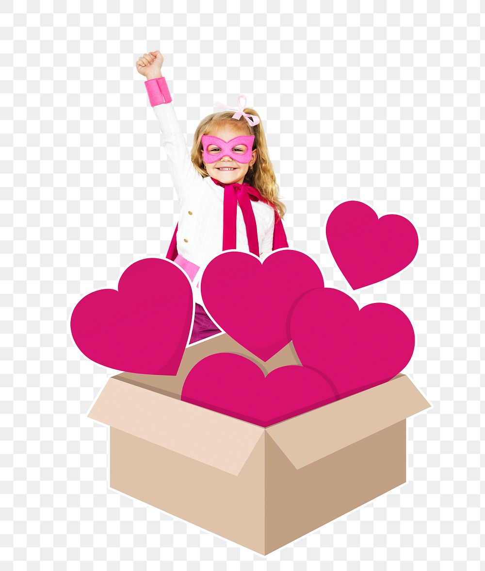 Png box full of hearts with superhero girl, transparent background
