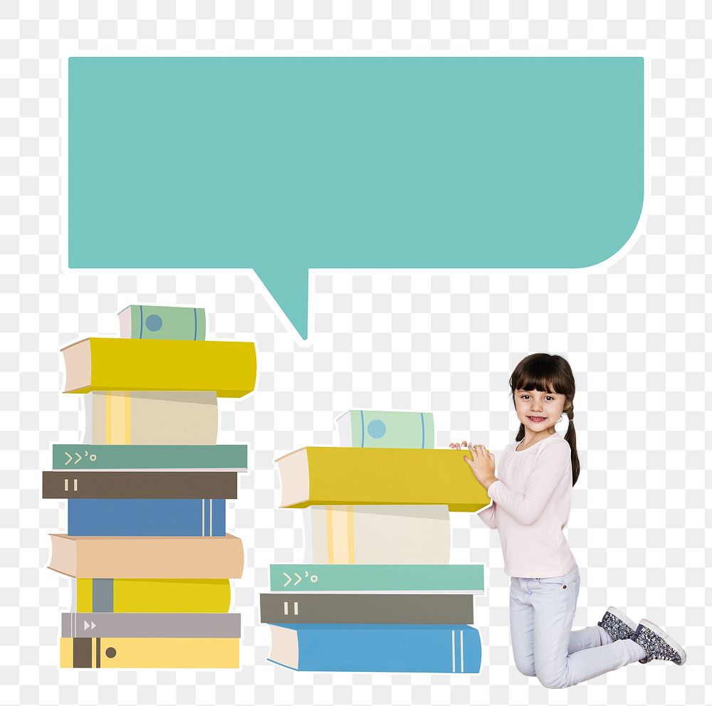 Png girl with stacks of textbooks, transparent background