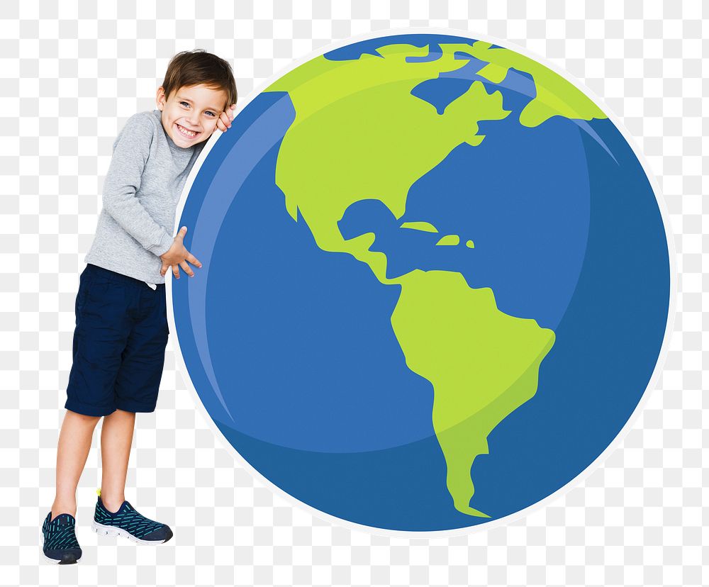 Png boy hugging planet earth, transparent background