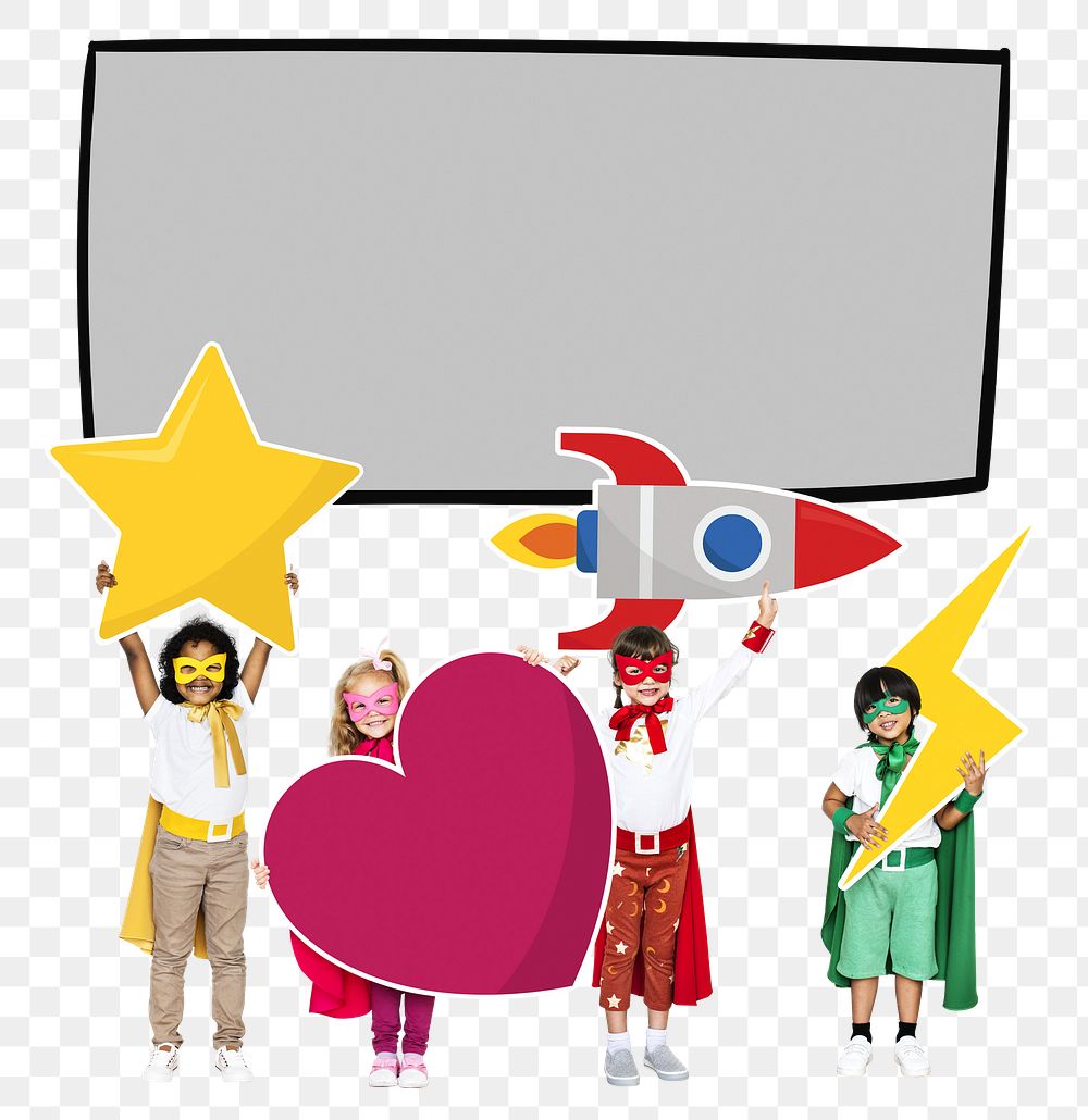 Young superheroes png text box, transparent background