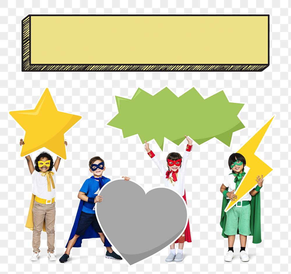 Young superheroes png holding icons, transparent background