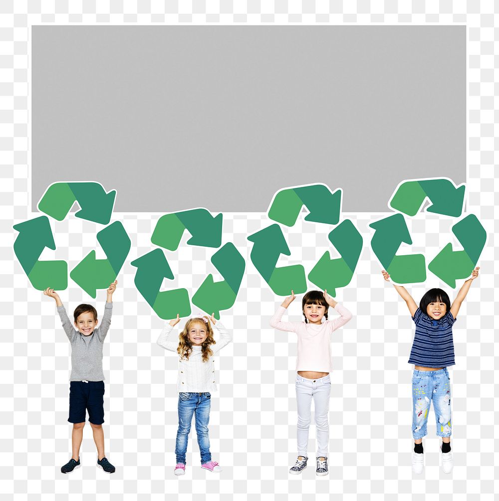 Png kids holding recycle icons, transparent background