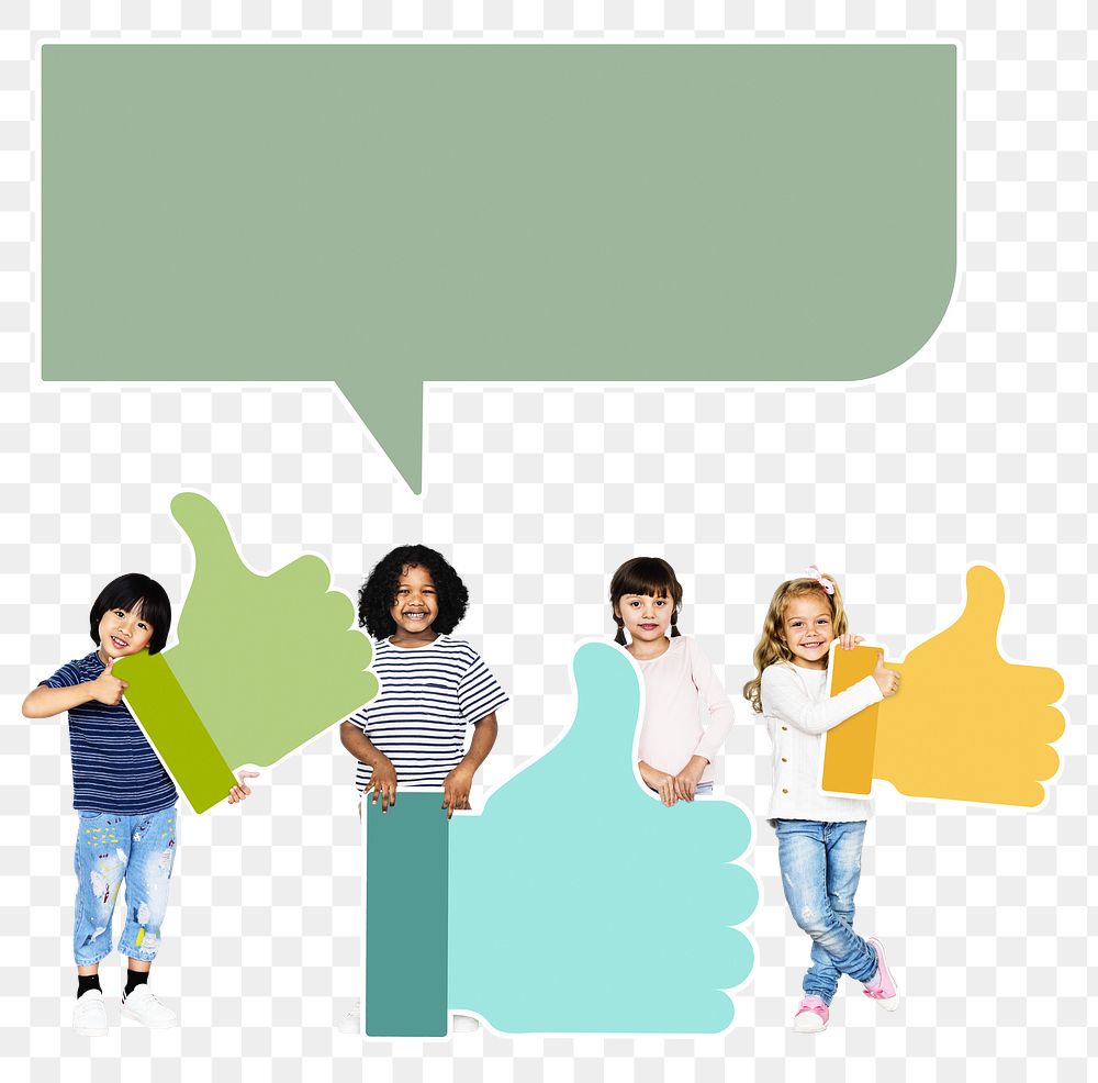 Png kids with a speech bubble holding thumbs up icons, transparent background
