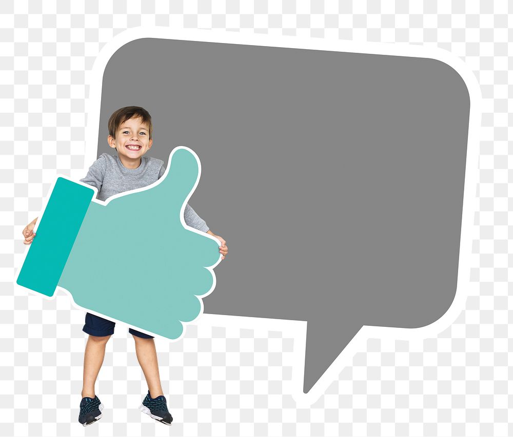Png kid holding  thumbs up icon with speech bubble, transparent background