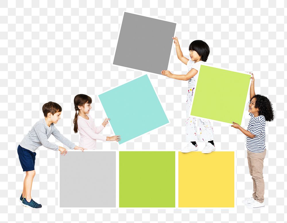 Png kids stacking empty square boards, transparent background