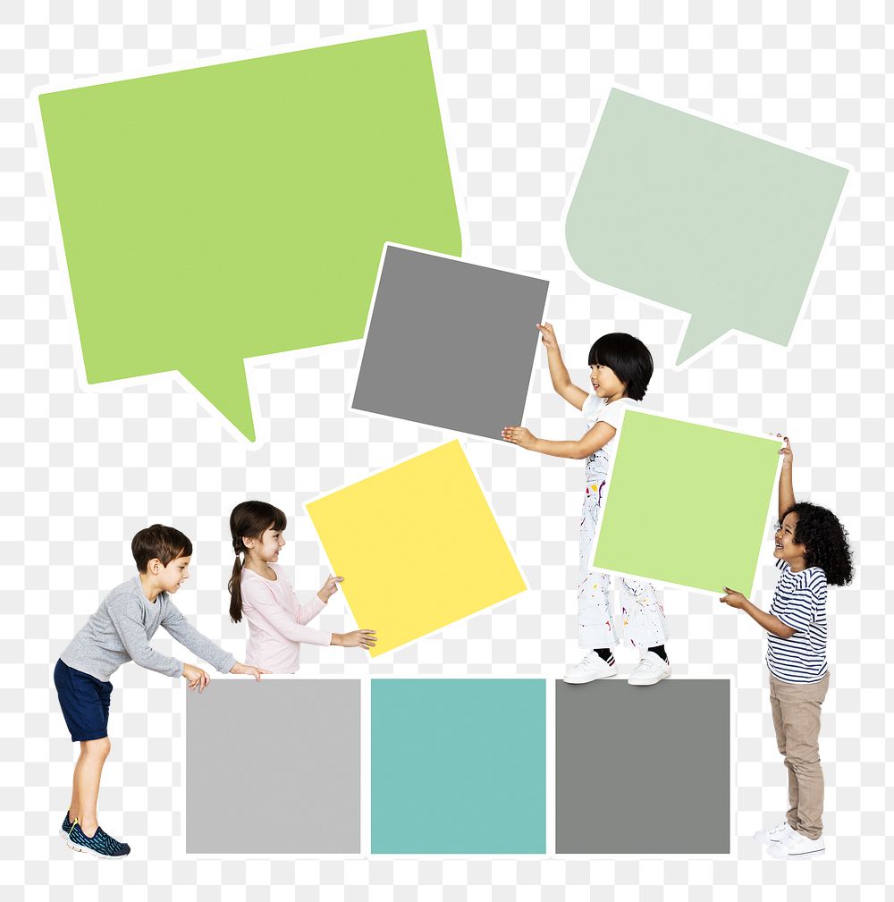 Png kids stacking empty square boards, transparent background