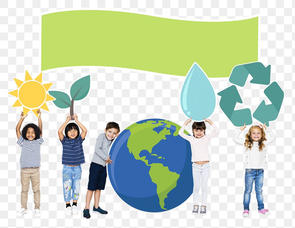 Png diverse kids spreading environmental awareness, transparent background