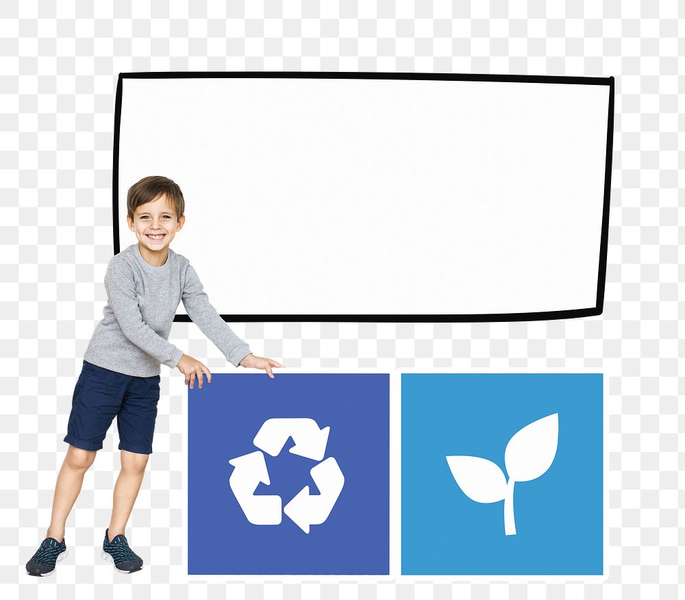 Png boy with recycling icons, transparent background