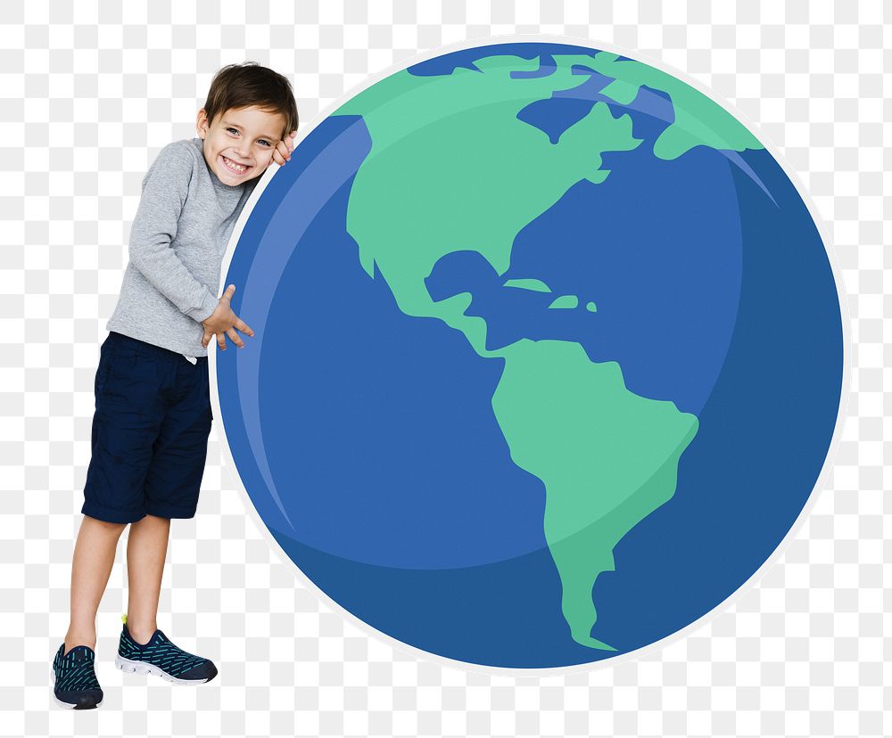 Boy hugging  earth png, transparent background