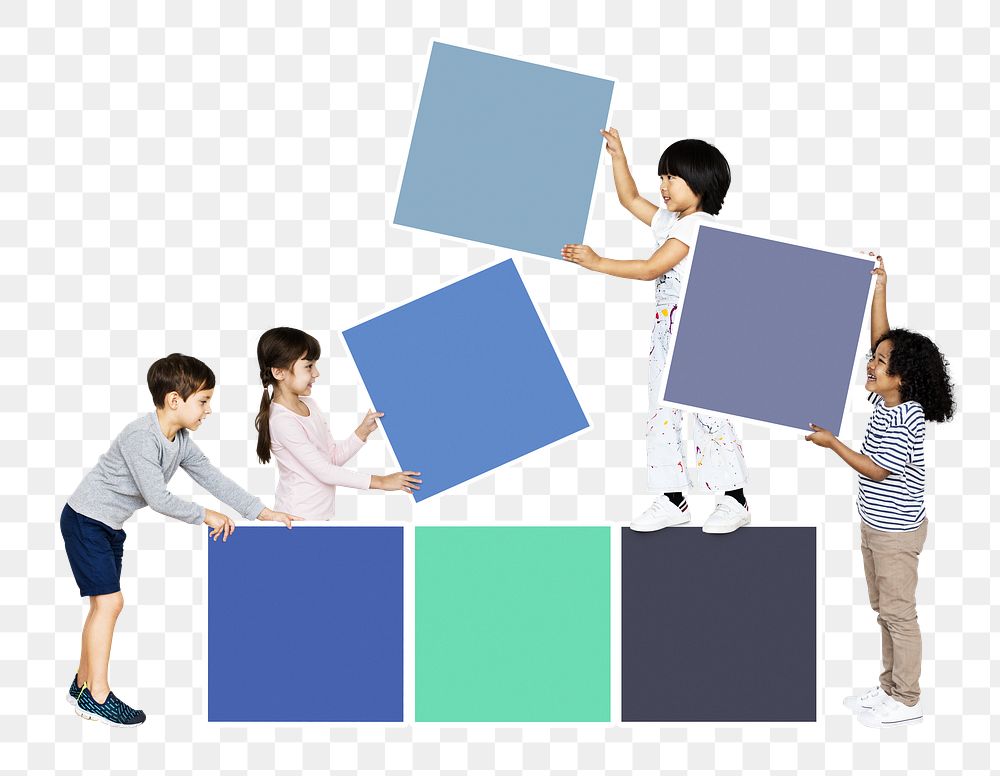 Png happy kids stacking square boards, transparent background