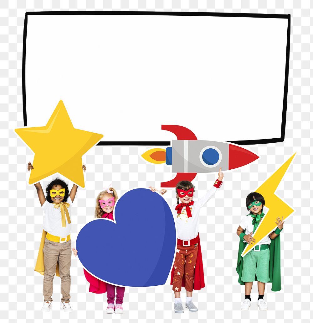 Png young superheroes holding creativity icons, transparent background