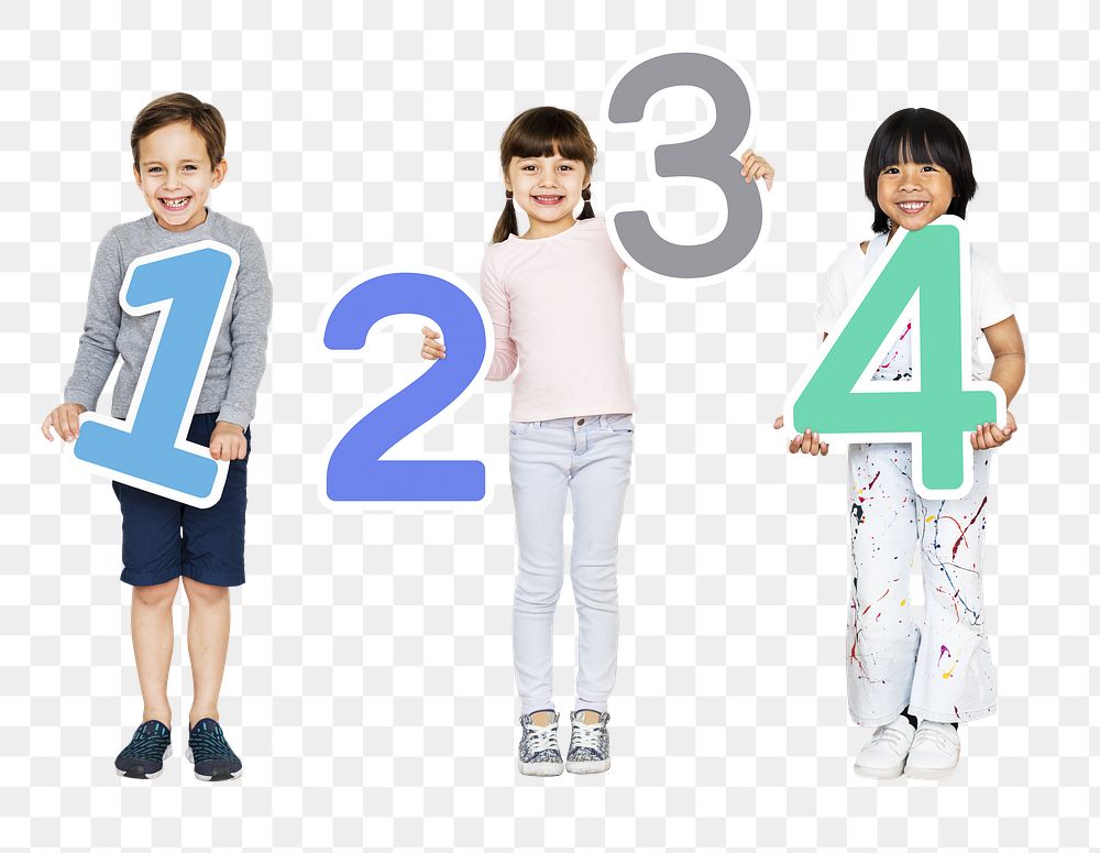 Cheerful kids png holding numbers one to four, transparent background