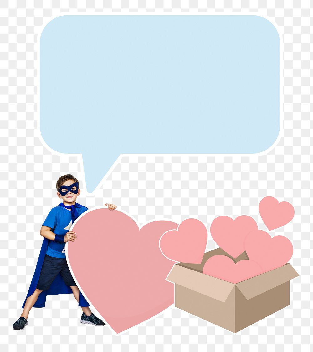 Png superhero boy collecting hearts in a box, transparent background