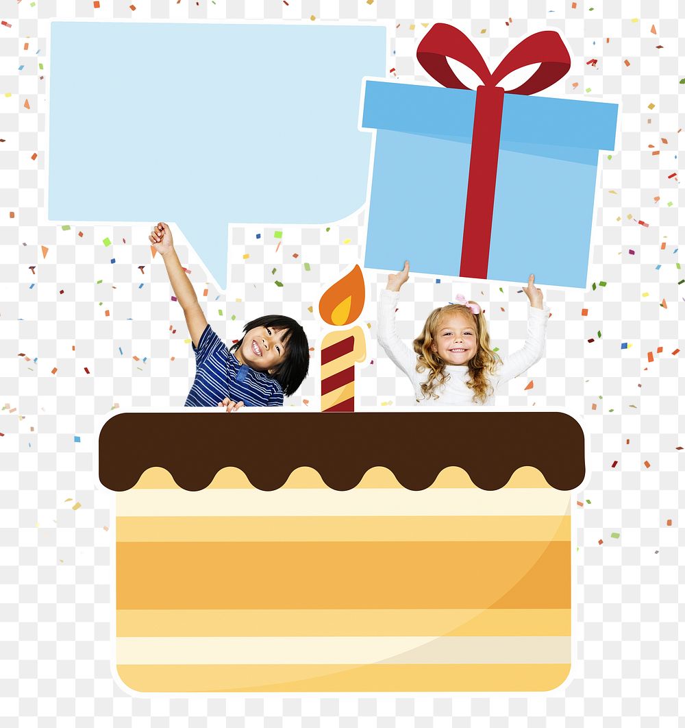 Happy kids png celebrating a birthday party with cake, transparent background