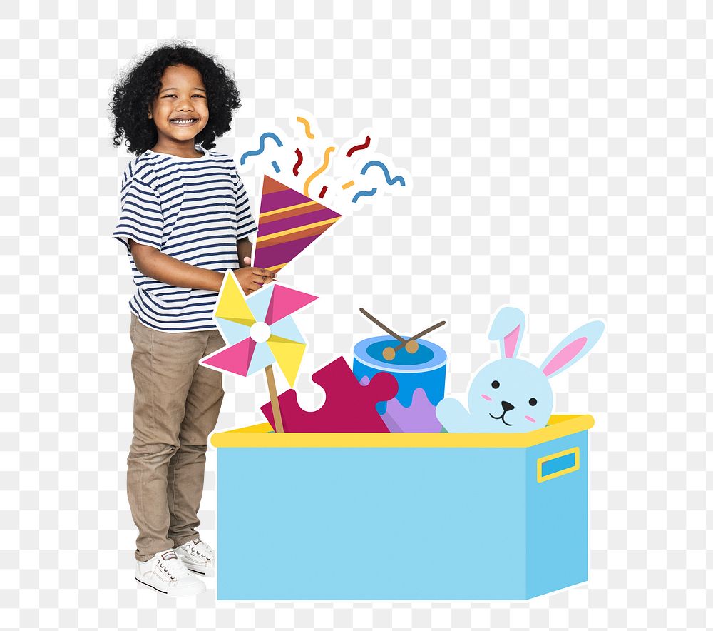 Cheerful boy png  with a box full of toys, transparent background