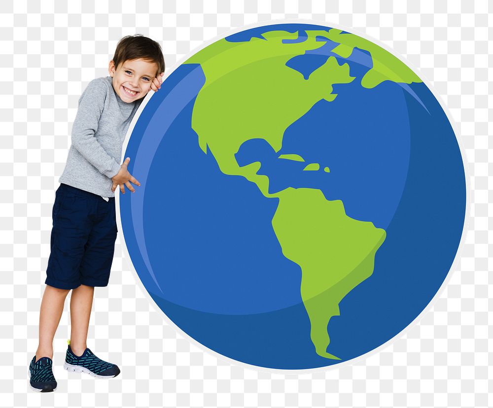 Young boy png  hugging planet earth, transparent background