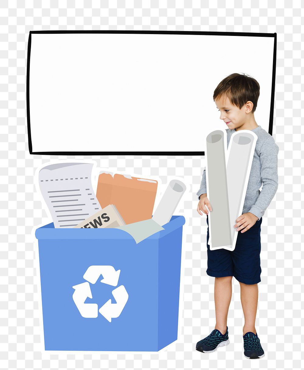 Png  young boy collecting papers for recycling, transparent background