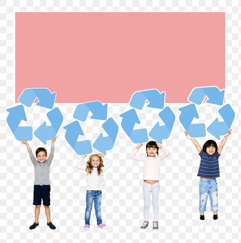 Diverse kids png  holding recycling icons, transparent background