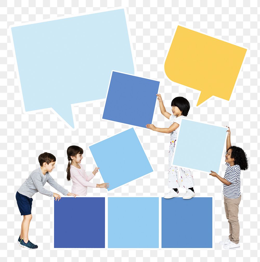 Png kids stacking empty square boards, transparent background