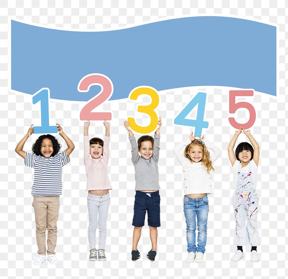 Png cheerful kids holding numbers, transparent background