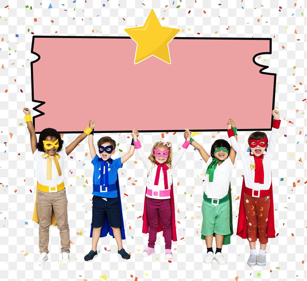 Png cheerful superheroes holding hands, transparent background